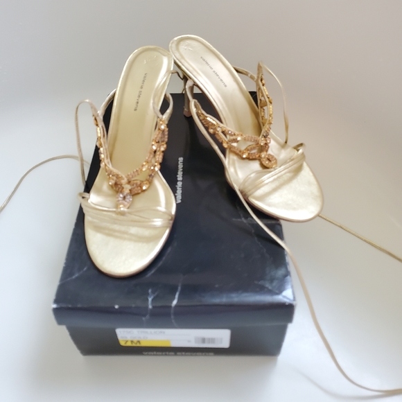 Valerie Stevens Shoes - Gold Leather & Rhinestone lace up heel sandles
